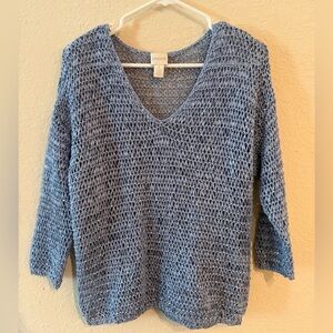 Chico's Blue Open-Knit Pullover Sweater V-Neck 3/4 Sleeve Size 1